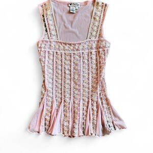 Y2K Pink Embroidered Lace Tank – Coquette Beaded Babydoll S